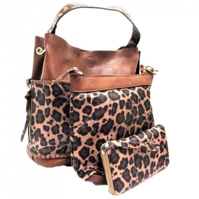 LF5073B-BROWN LEOPARD VEGAN LEATHER PURSE- 3 PIECE SET