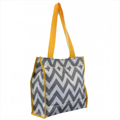 180857 - GRAY/WHITE  CHEVRON DESIGN WITH YELLOW LINING TOTE BAG