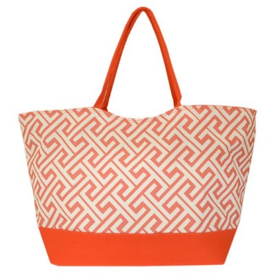 32673-CORAL GREEK KEY DESIGN SHOPPING OR BEACH BAG